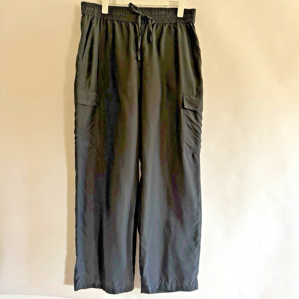 Eilieen Fisher Womens Silk Wide Leg Cargo Pull On Pants Medium Black Easy Travel